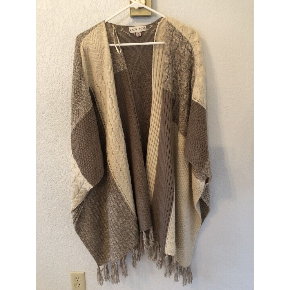 Knox Rose Women M Tan Cream Open Front Cardigan Sweater Fringe Boho Oversized